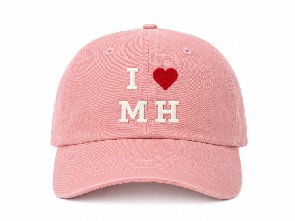 Pink I Love MH cap with white embroidery and red heart, casual hometown pride.