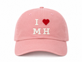 Pink I Love MH cap with white embroidery and red heart, casual hometown pride.